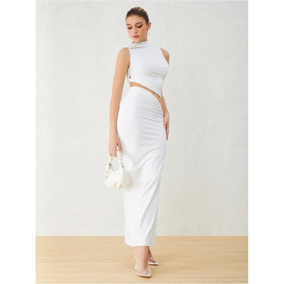 Women's Two Piece Set Cotton Slim Fit Crop Top Maxi Skirt Casual Outfits - Picture 4 of 6